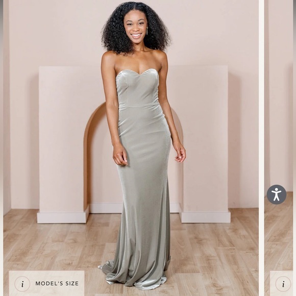 Revelry Quinn Velvet Dress in Silver Sage Strapless Sweetheart Neckline Size 12 - Picture 1 of 11
